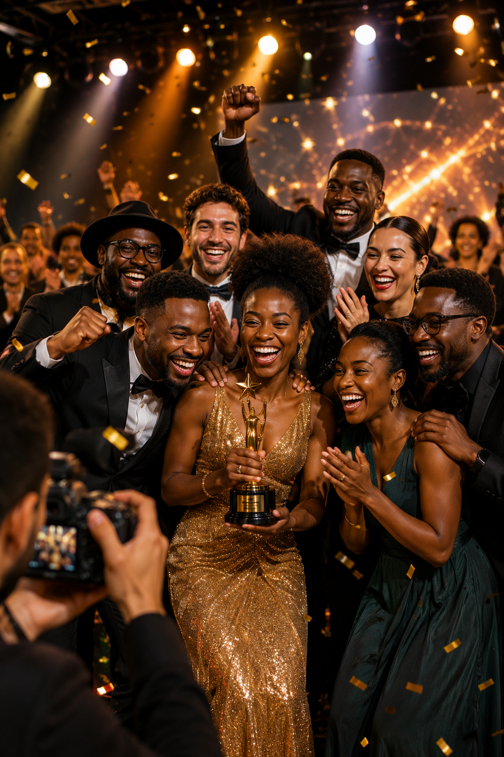 Équipe Studios Zenovia célébrant une remise de prix, ambiance de gala