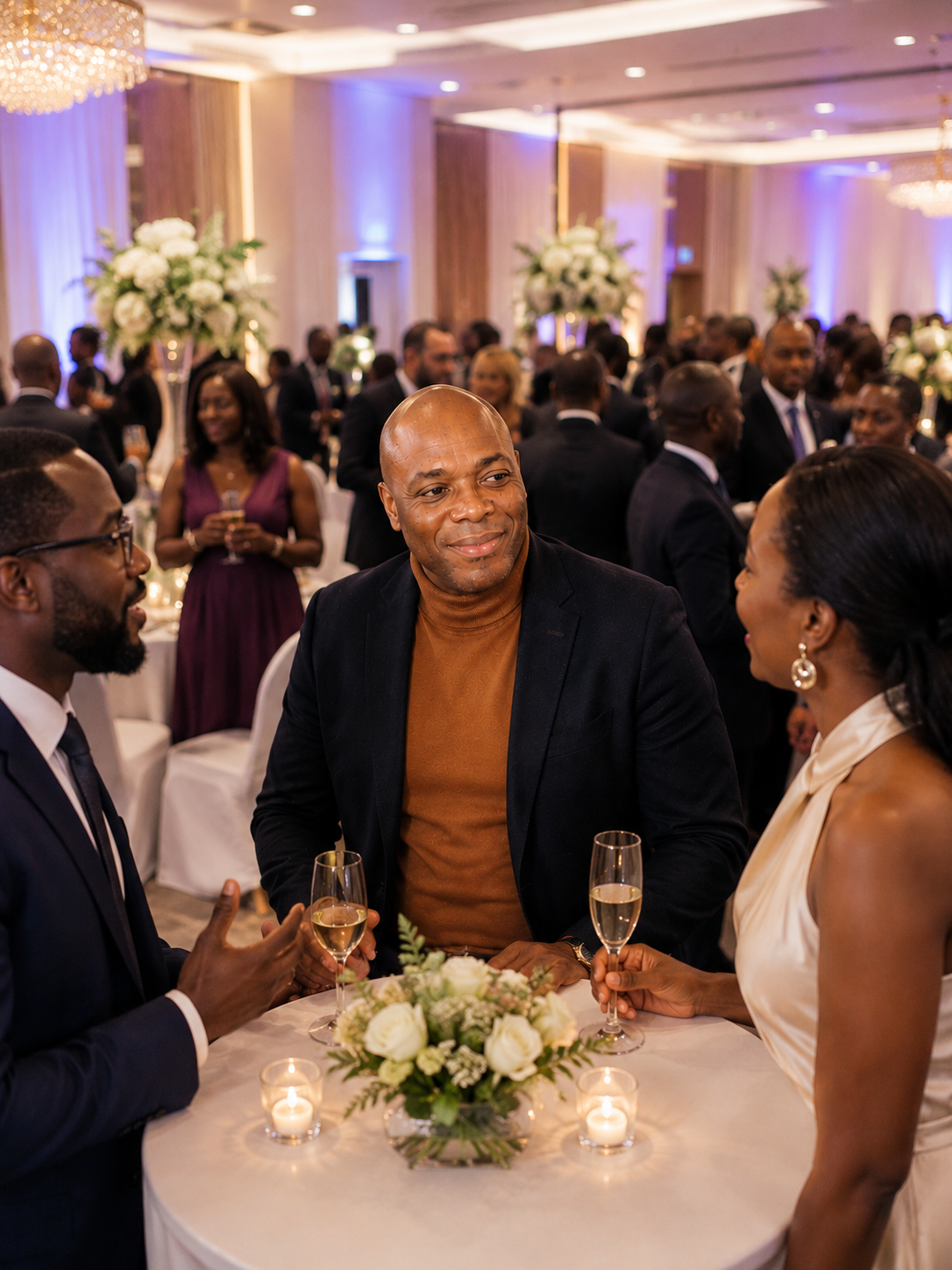 Réception élégante, cocktail entre invités souriants