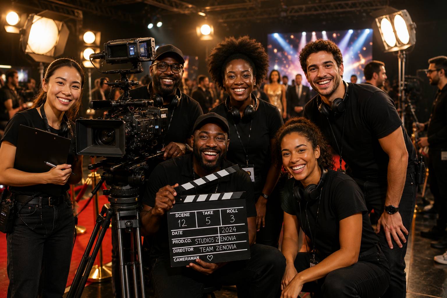 Équipe de tournage Studios Zenovia souriante, clap de cinéma